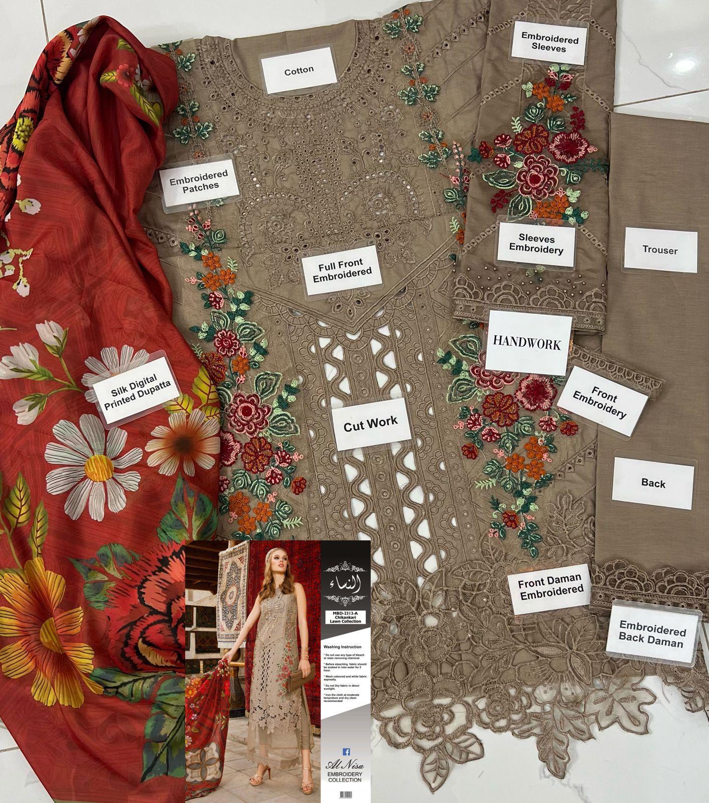 Women’s Traditional Pakistani Lawn 3-Piece Unstitched Suit – Embroidered