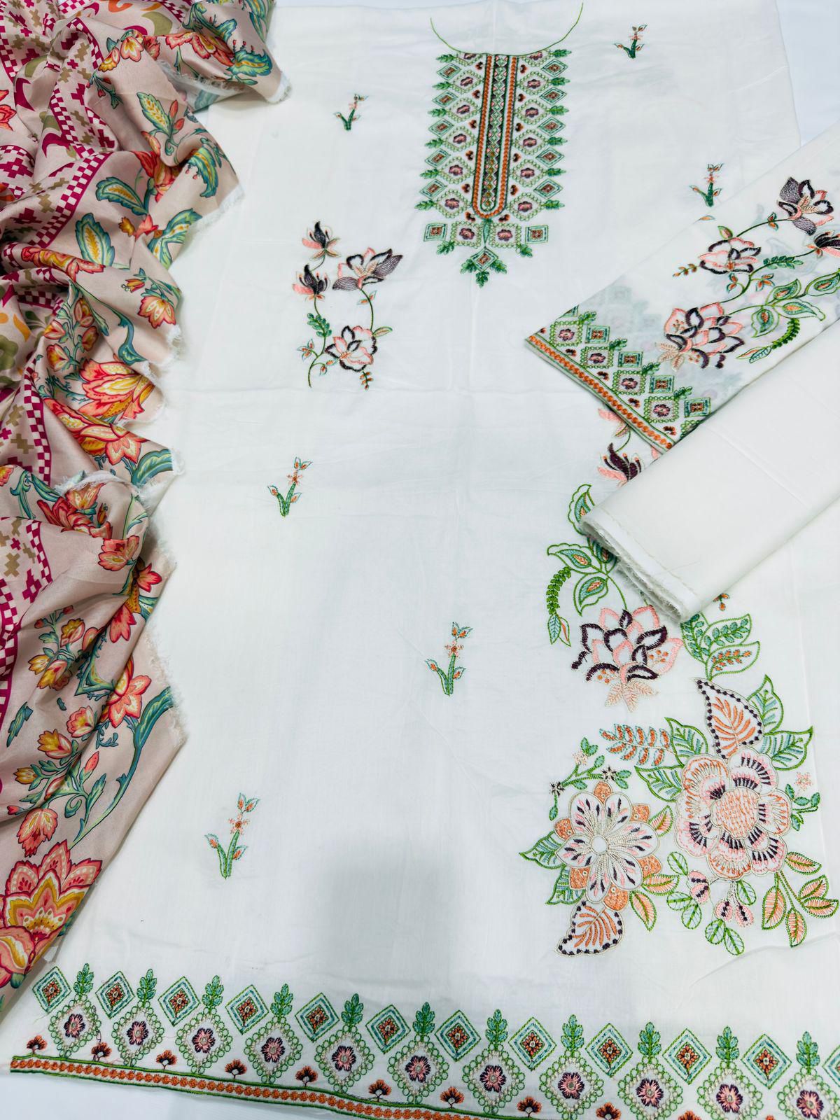 Women’s Traditional Pakistani Lawn 3-Piece Unstitched Suit – Embroidered