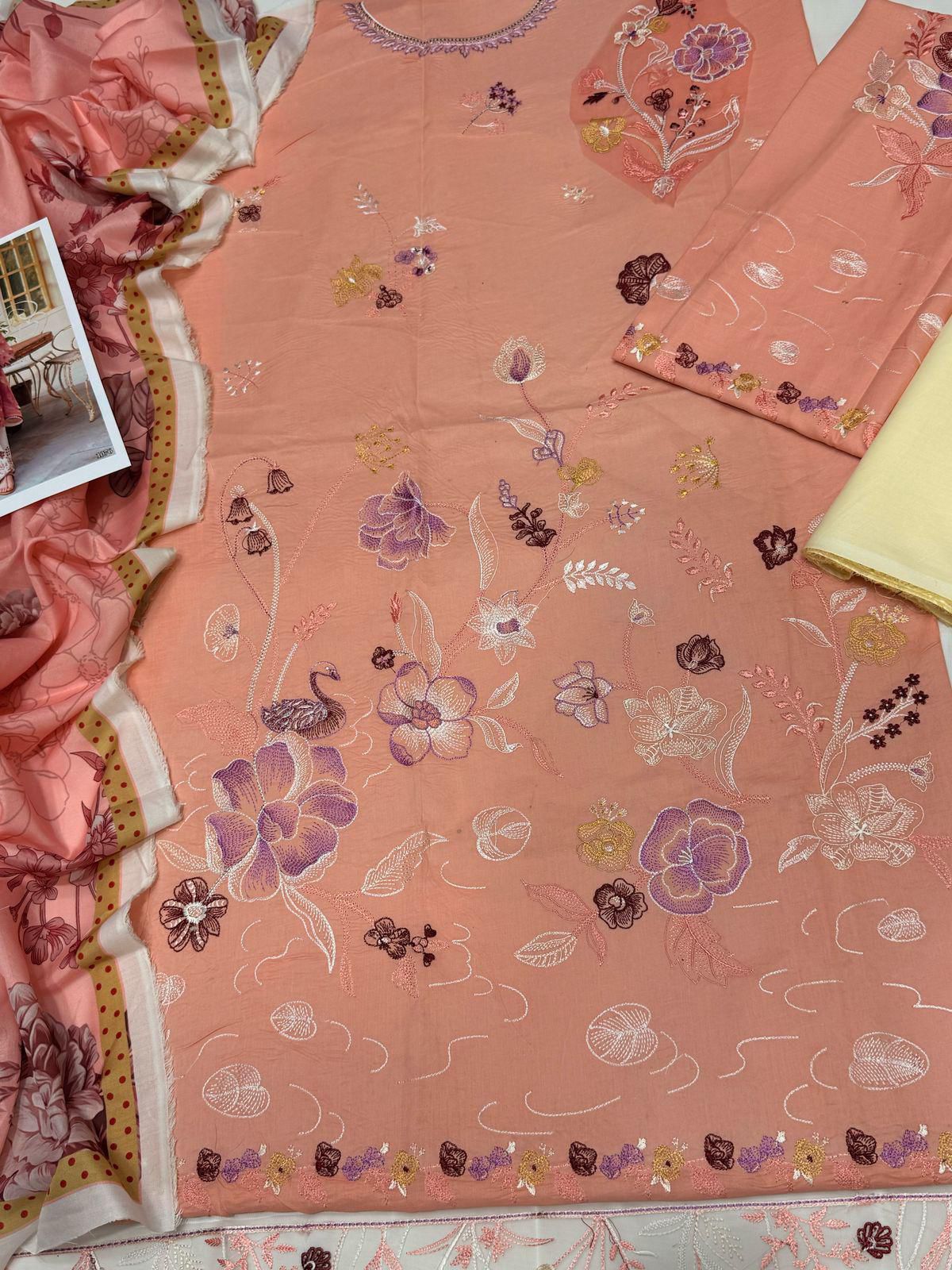 Women’s Traditional Pakistani Lawn 3-Piece Unstitched Suit – Embroidered