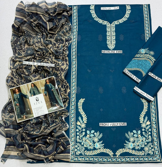 Women’s Traditional Pakistani Lawn 3-Piece Unstitched Suit – Embroidered