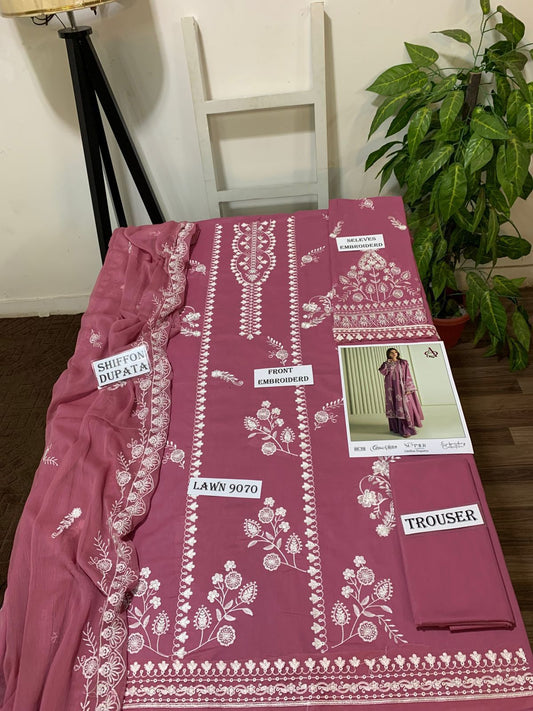 Women’s Traditional Pakistani Lawn 3-Piece Unstitched Suit – Embroidered